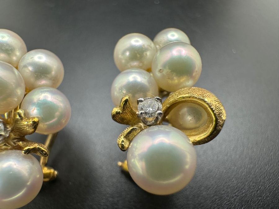 18k Gold Earrings With 12 Pearls And 2 Round Brilliant Diamonds (est. .06cttw) 10.5g Retails $2,800 [Photo 5]