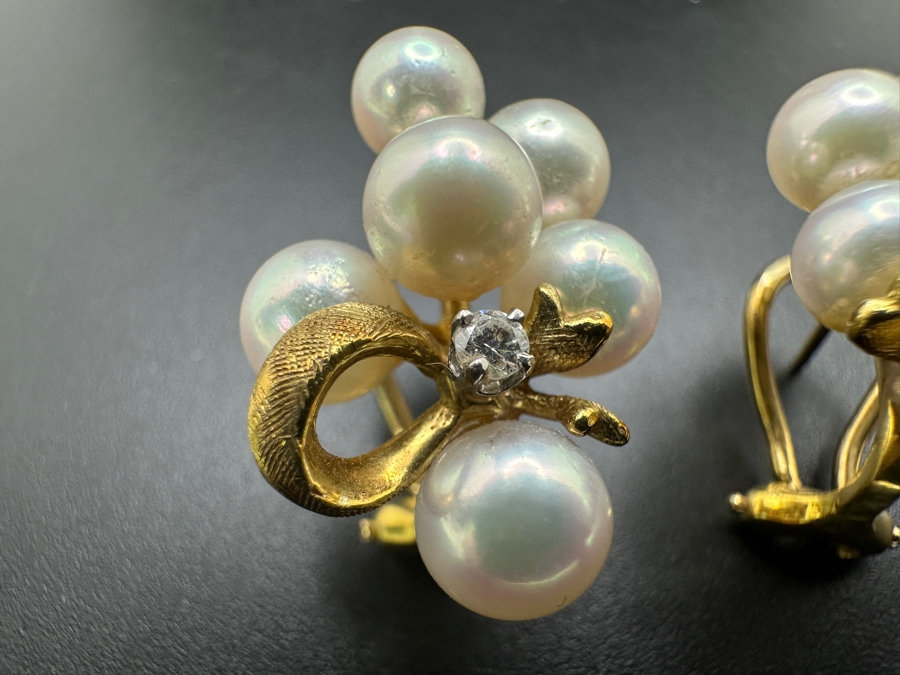 18k Gold Earrings With 12 Pearls And 2 Round Brilliant Diamonds (est. .06cttw) 10.5g Retails $2,800 [Photo 4]