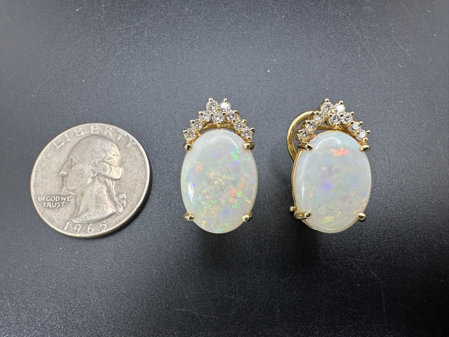 Stunning 14k Gold Earrings Set With 2 16 X 12mm Oval Cabochon Opals And 18 Round Brilliant Diamonds (est. .36cttw) 8.9g Retails $4,000 [Photo 7]