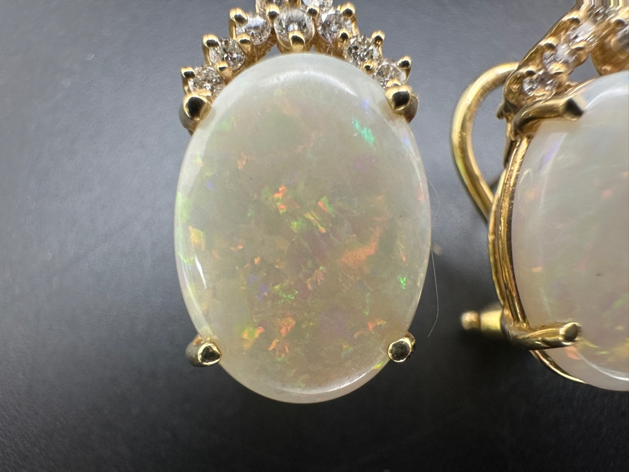 Stunning 14k Gold Earrings Set With 2 16 X 12mm Oval Cabochon Opals And 18 Round Brilliant Diamonds (est. .36cttw) 8.9g Retails $4,000 [Photo 3]