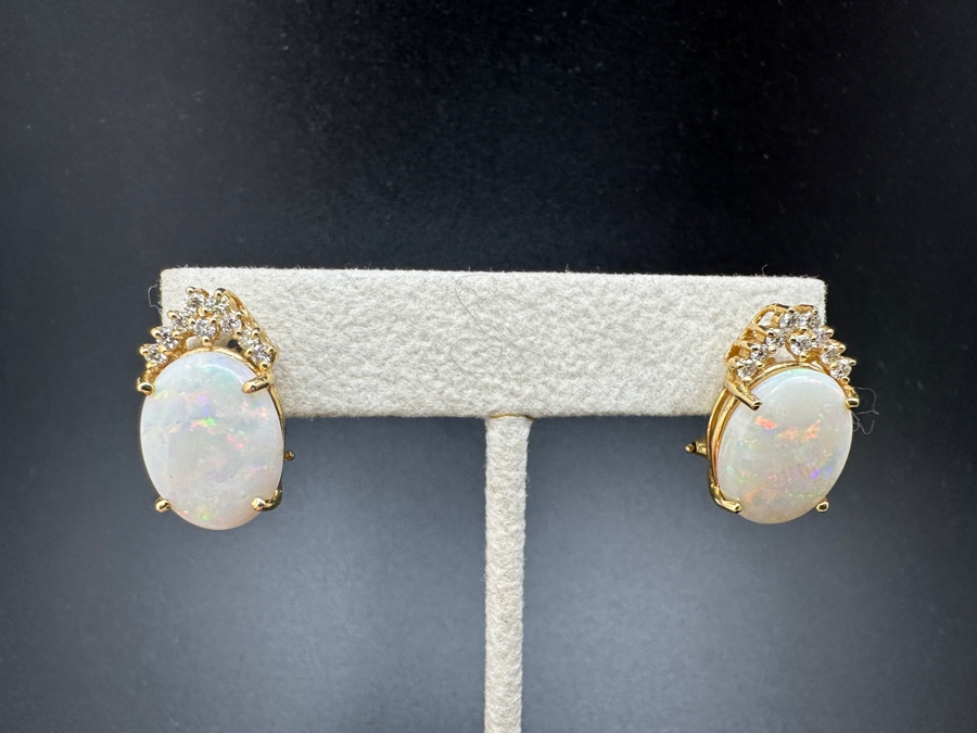 Stunning 14k Gold Earrings Set With 2 16 X 12mm Oval Cabochon Opals And 18 Round Brilliant Diamonds (est. .36cttw) 8.9g Retails $4,000 [Photo 10]