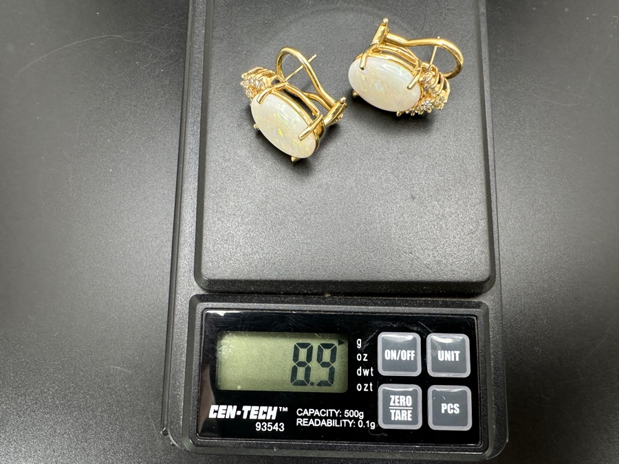 Stunning 14k Gold Earrings Set With 2 16 X 12mm Oval Cabochon Opals And 18 Round Brilliant Diamonds (est. .36cttw) 8.9g Retails $4,000 [Photo 11]