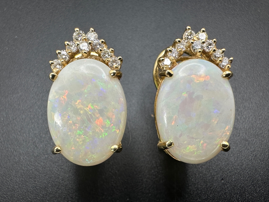 Stunning 14k Gold Earrings Set With 2 16 X 12mm Oval Cabochon Opals And 18 Round Brilliant Diamonds (est. .36cttw) 8.9g Retails $4,000 [Photo 5]