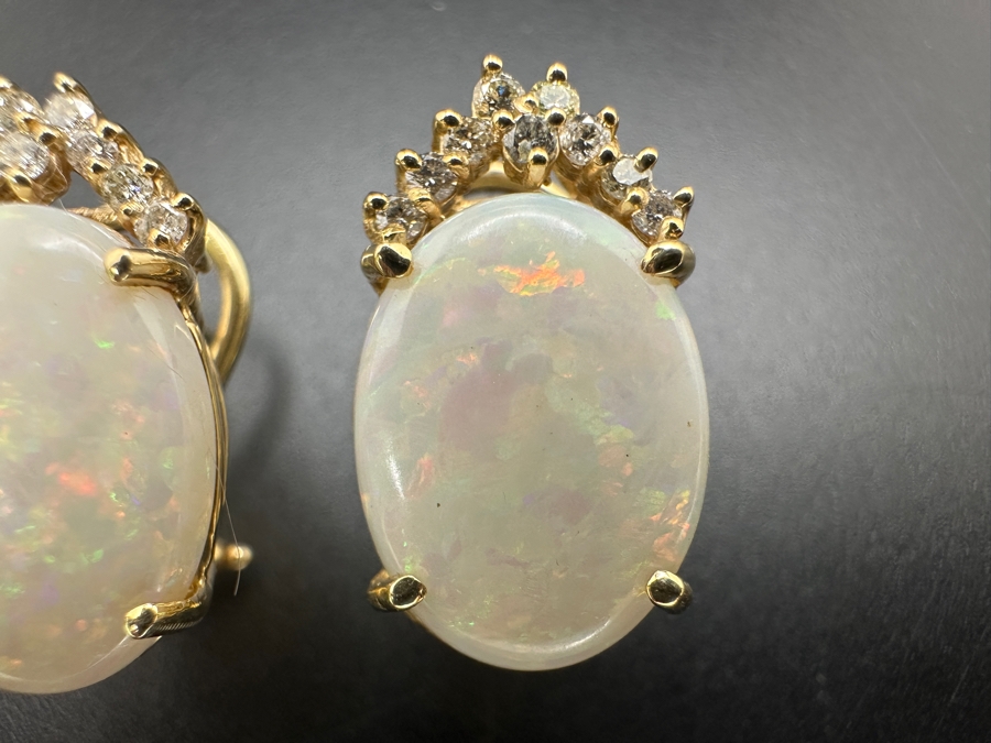 Stunning 14k Gold Earrings Set With 2 16 X 12mm Oval Cabochon Opals And 18 Round Brilliant Diamonds (est. .36cttw) 8.9g Retails $4,000 [Photo 4]