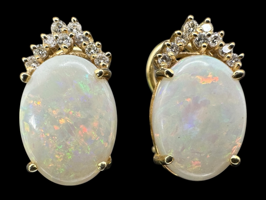 Stunning 14k Gold Earrings Set With 2 16 X 12mm Oval Cabochon Opals And 18 Round Brilliant Diamonds (est. .36cttw) 8.9g Retails $4,000 [Photo 1]