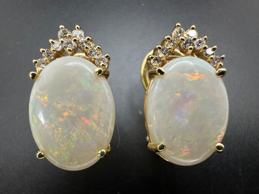 Stunning 14k Gold Earrings Set With 2 16 X 12mm Oval Cabochon Opals And 18 Round Brilliant Diamonds (est. .36cttw) 8.9g Retails $4,000 [Photo 2]