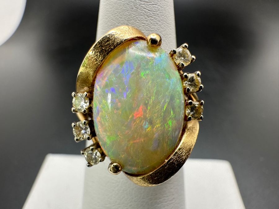 Stunning 14k Gold 16 X 12 Cabochon White Oval With 6 2.25mm Round Diamonds (est. .25cttw) Size 6.5 6.7g Retails $2,800 [Photo 2]