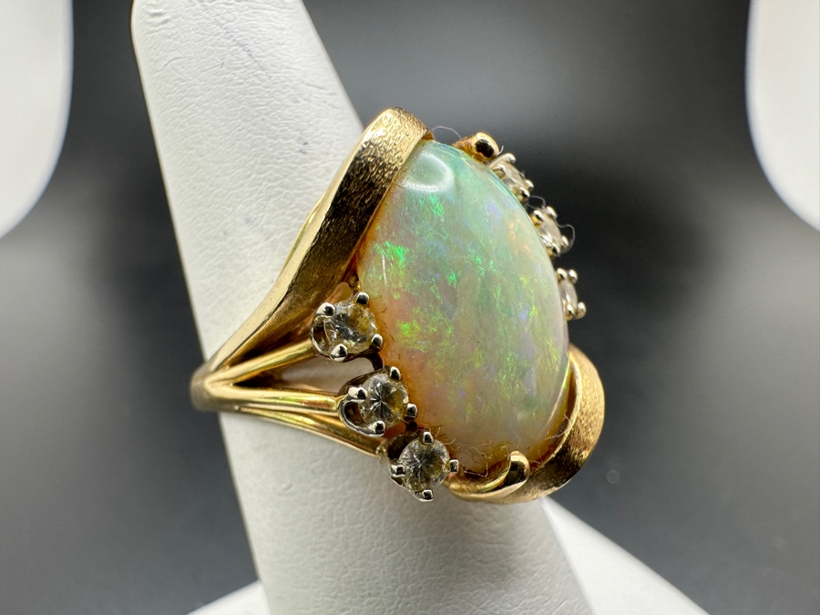 Stunning 14k Gold 16 X 12 Cabochon White Oval With 6 2.25mm Round Diamonds (est. .25cttw) Size 6.5 6.7g Retails $2,800 [Photo 5]