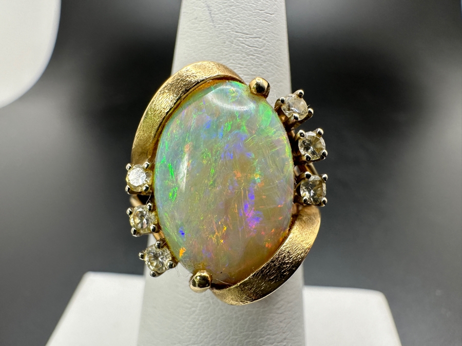 Stunning 14k Gold 16 X 12 Cabochon White Oval With 6 2.25mm Round Diamonds (est. .25cttw) Size 6.5 6.7g Retails $2,800 [Photo 4]