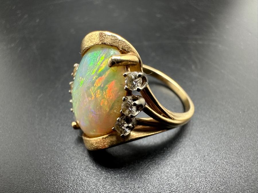 Stunning 14k Gold 16 X 12 Cabochon White Oval With 6 2.25mm Round Diamonds (est. .25cttw) Size 6.5 6.7g Retails $2,800 [Photo 10]