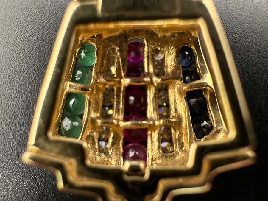 14k Gold Omega Slide Pendant Set With 5 Round Rubies, 4 Emeralds, 4 Sapphires And 14 Round Brilliant Diamonds 4.8g Retails $2,200 [Photo 3]