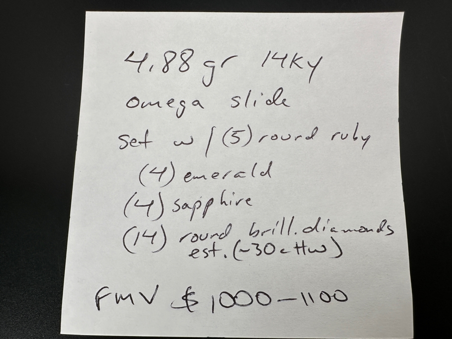 14k Gold Omega Slide Pendant Set With 5 Round Rubies, 4 Emeralds, 4 Sapphires And 14 Round Brilliant Diamonds 4.8g Retails $2,200 [Photo 9]