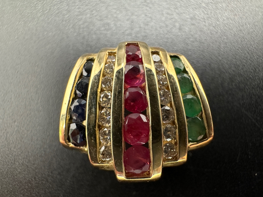 14k Gold Omega Slide Pendant Set With 5 Round Rubies, 4 Emeralds, 4 Sapphires And 14 Round Brilliant Diamonds 4.8g Retails $2,200 [Photo 7]