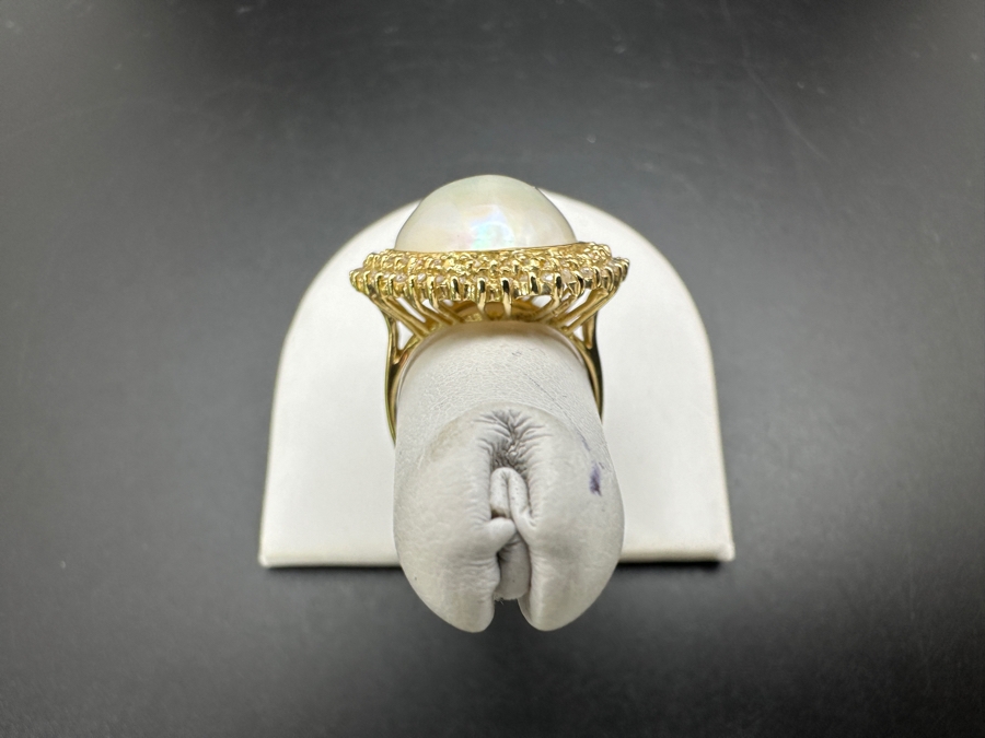 14k Gold Mabe Pearl 14.5mm Set With 17 .01 Round Diamonds Size 6.75 5.7g Retails $1,500 [Photo 9]