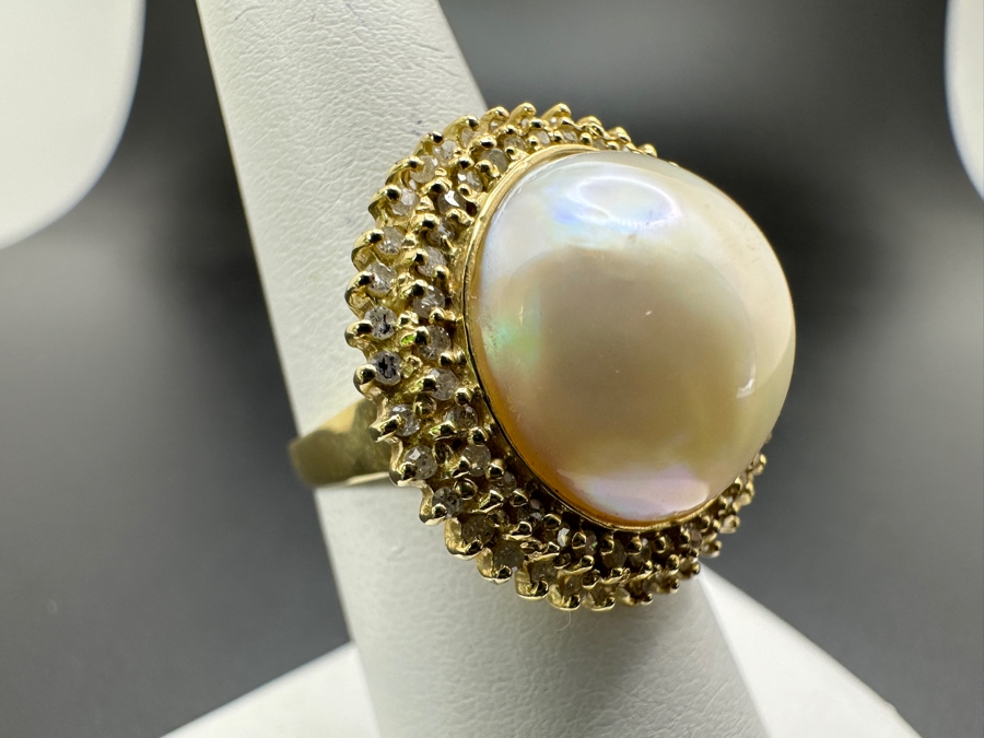 14k Gold Mabe Pearl 14.5mm Set With 17 .01 Round Diamonds Size 6.75 5.7g Retails $1,500 [Photo 3]