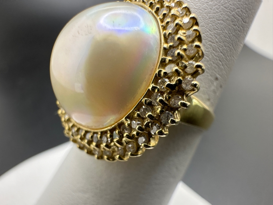 14k Gold Mabe Pearl 14.5mm Set With 17 .01 Round Diamonds Size 6.75 5.7g Retails $1,500 [Photo 7]