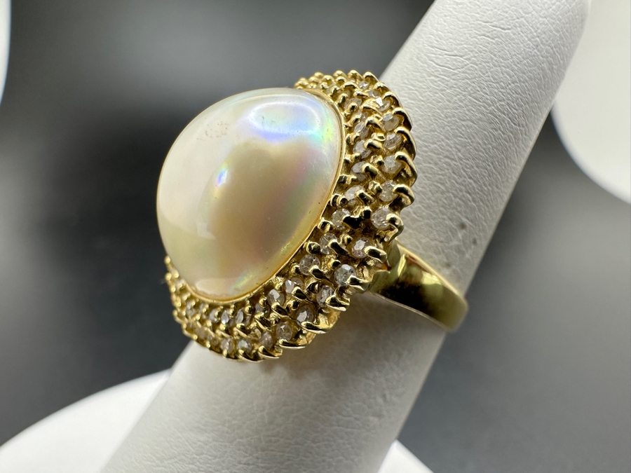14k Gold Mabe Pearl 14.5mm Set With 17 .01 Round Diamonds Size 6.75 5.7g Retails $1,500 [Photo 6]