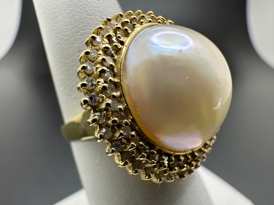 14k Gold Mabe Pearl 14.5mm Set With 17 .01 Round Diamonds Size 6.75 5.7g Retails $1,500 [Photo 4]