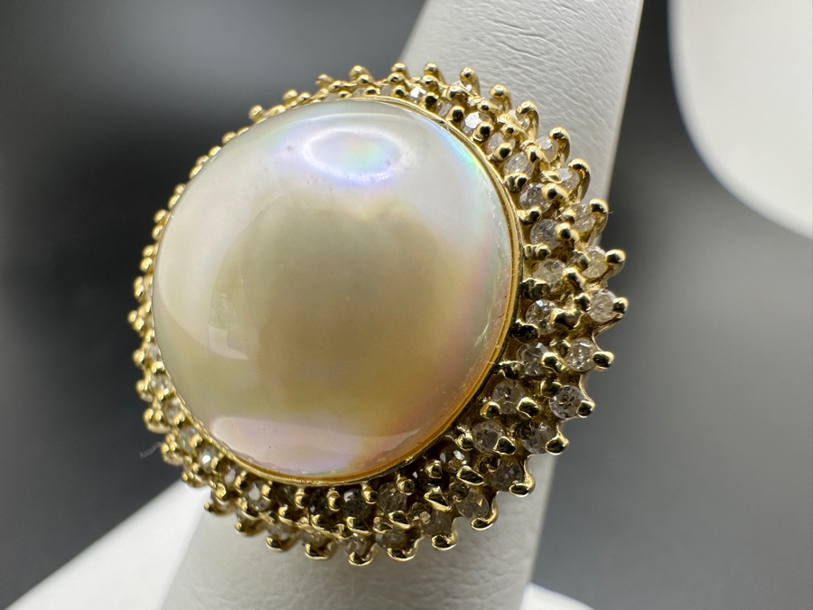 14k Gold Mabe Pearl 14.5mm Set With 17 .01 Round Diamonds Size 6.75 5.7g Retails $1,500 [Photo 8]