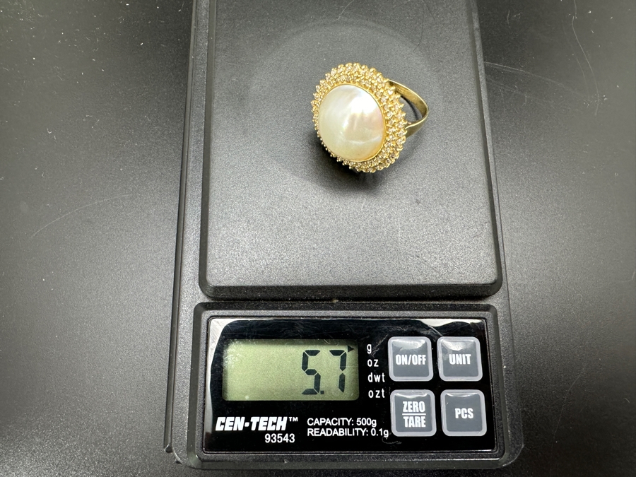 14k Gold Mabe Pearl 14.5mm Set With 17 .01 Round Diamonds Size 6.75 5.7g Retails $1,500 [Photo 14]