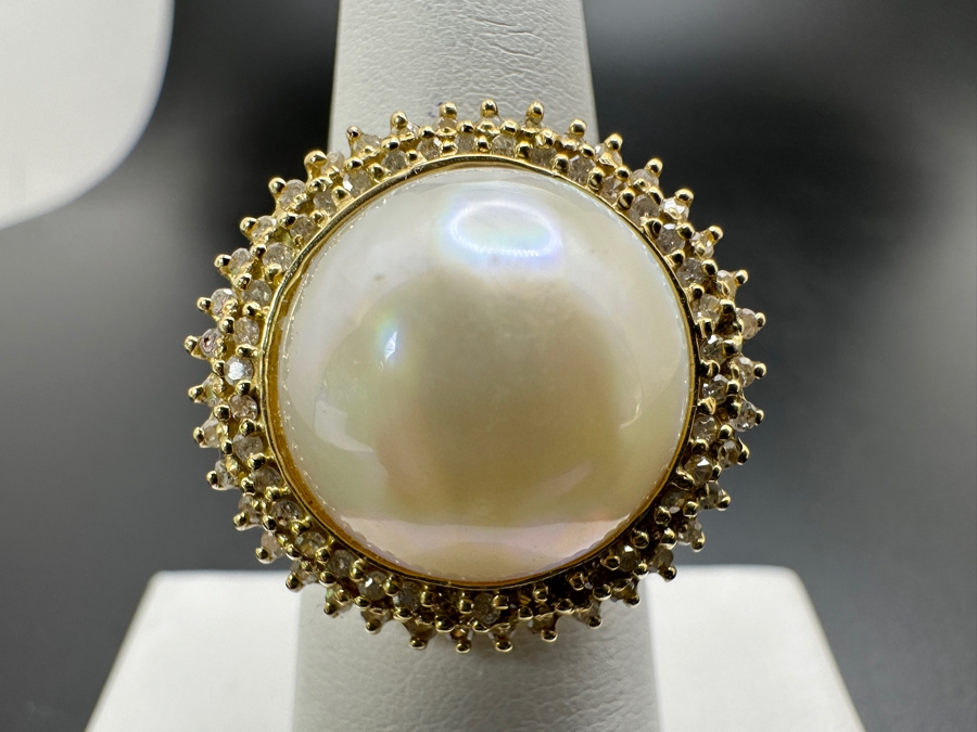 14k Gold Mabe Pearl 14.5mm Set With 17 .01 Round Diamonds Size 6.75 5.7g Retails $1,500 [Photo 2]