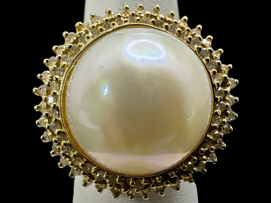 14k Gold Mabe Pearl 14.5mm Set With 17 .01 Round Diamonds Size 6.75 5.7g Retails $1,500 [Photo 1]