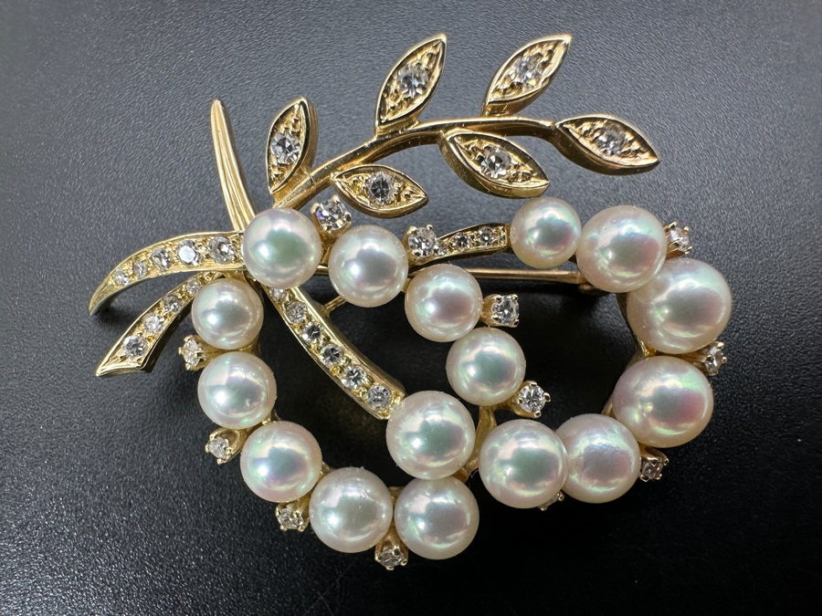 14k Gold Pearl Brooch Pin Set With An Estimated .75cttw Of Single Cut Diamonds 9.3g Retails $2,800 [Photo 3]