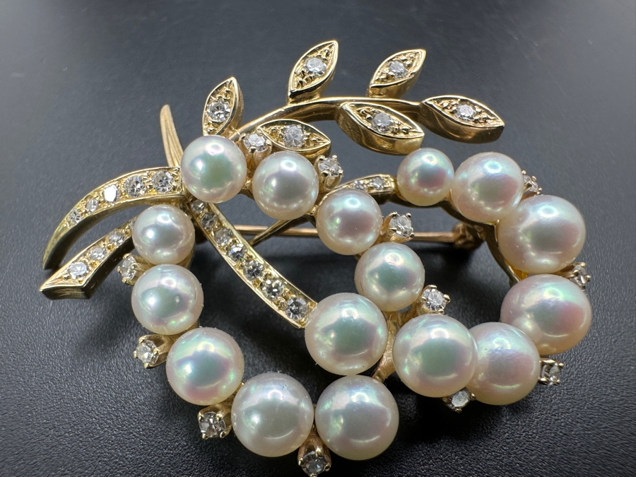 14k Gold Pearl Brooch Pin Set With An Estimated .75cttw Of Single Cut Diamonds 9.3g Retails $2,800 [Photo 8]