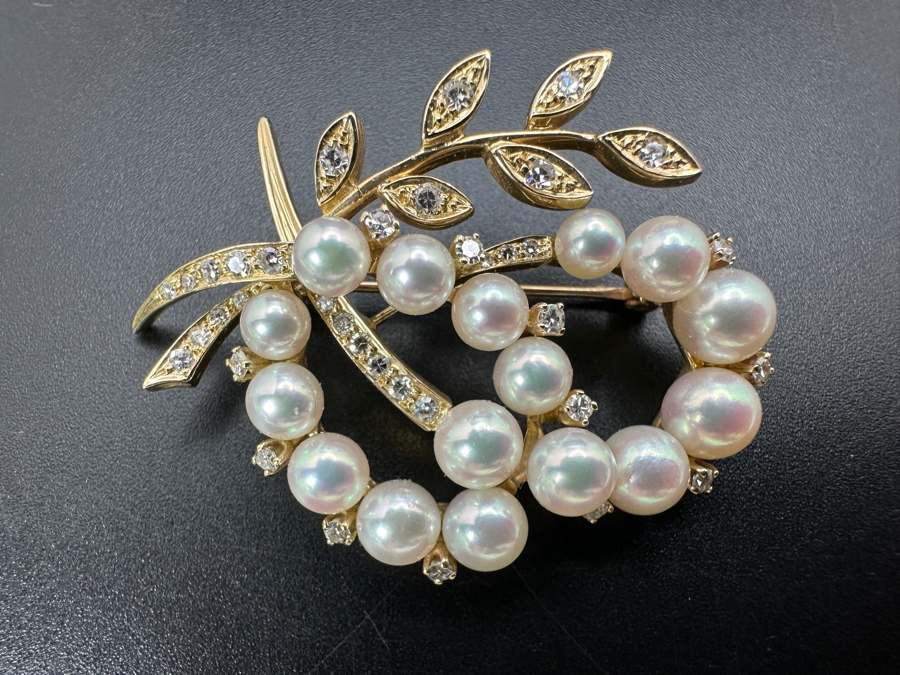 14k Gold Pearl Brooch Pin Set With An Estimated .75cttw Of Single Cut Diamonds 9.3g Retails $2,800 [Photo 4]