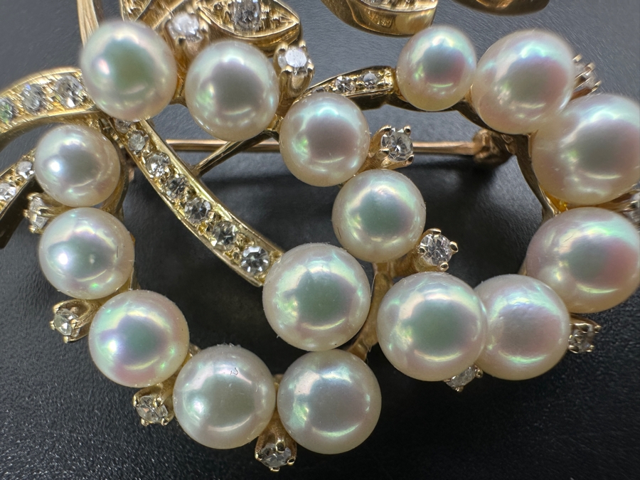 14k Gold Pearl Brooch Pin Set With An Estimated .75cttw Of Single Cut Diamonds 9.3g Retails $2,800 [Photo 7]
