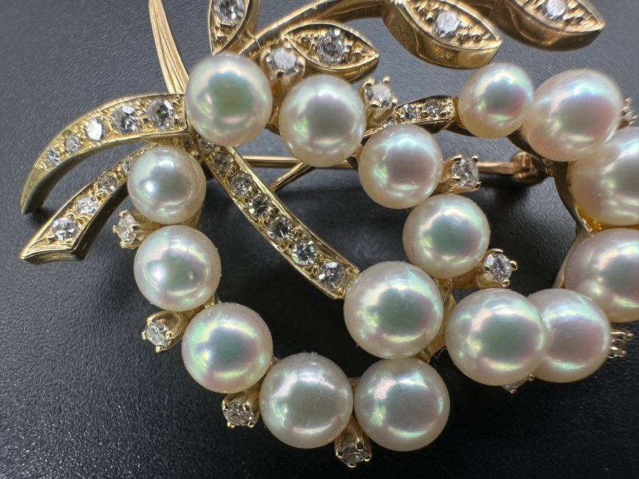 14k Gold Pearl Brooch Pin Set With An Estimated .75cttw Of Single Cut Diamonds 9.3g Retails $2,800 [Photo 6]