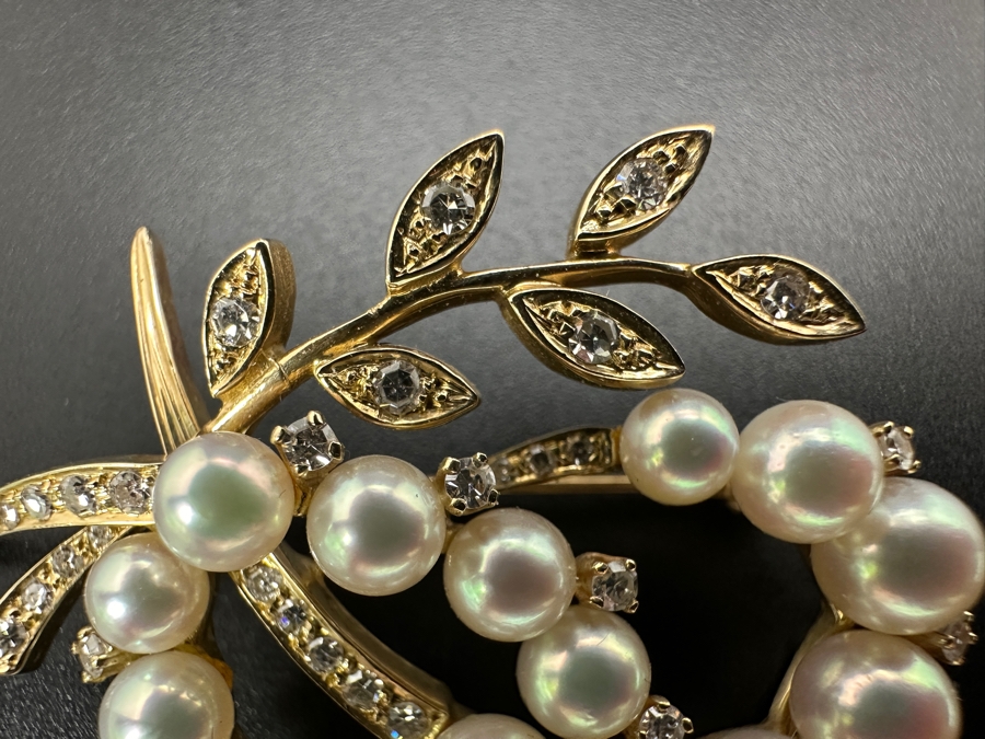 14k Gold Pearl Brooch Pin Set With An Estimated .75cttw Of Single Cut Diamonds 9.3g Retails $2,800 [Photo 5]