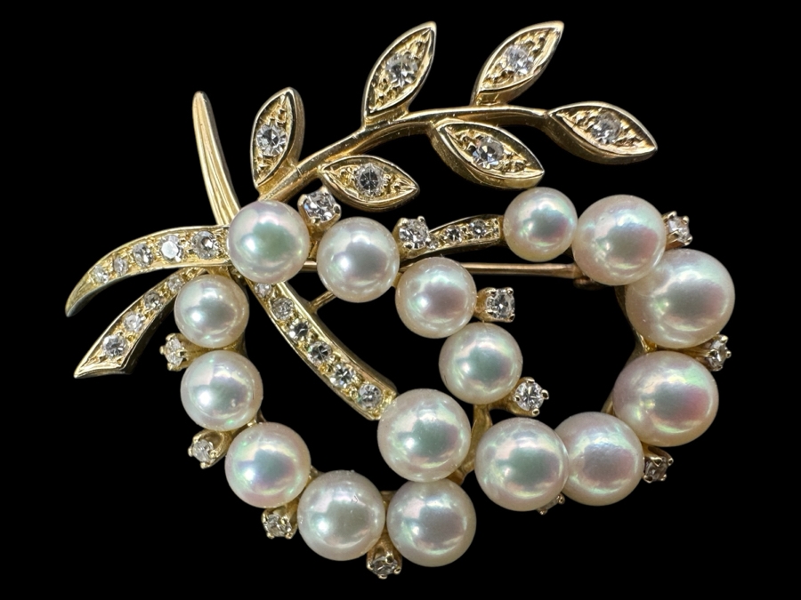 14k Gold Pearl Brooch Pin Set With An Estimated .75cttw Of Single Cut Diamonds 9.3g Retails $2,800 [Photo 1]