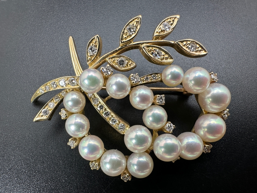 14k Gold Pearl Brooch Pin Set With An Estimated .75cttw Of Single Cut Diamonds 9.3g Retails $2,800 [Photo 2]