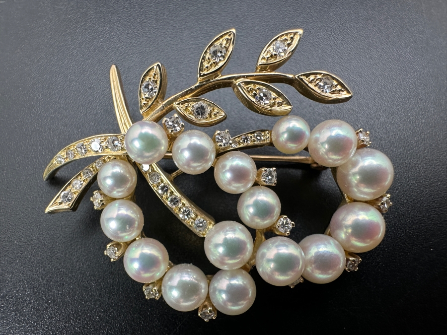 14k Gold Pearl Brooch Pin Set With An Estimated .75cttw Of Single Cut Diamonds 9.3g Retails $2,800 [Photo 9]