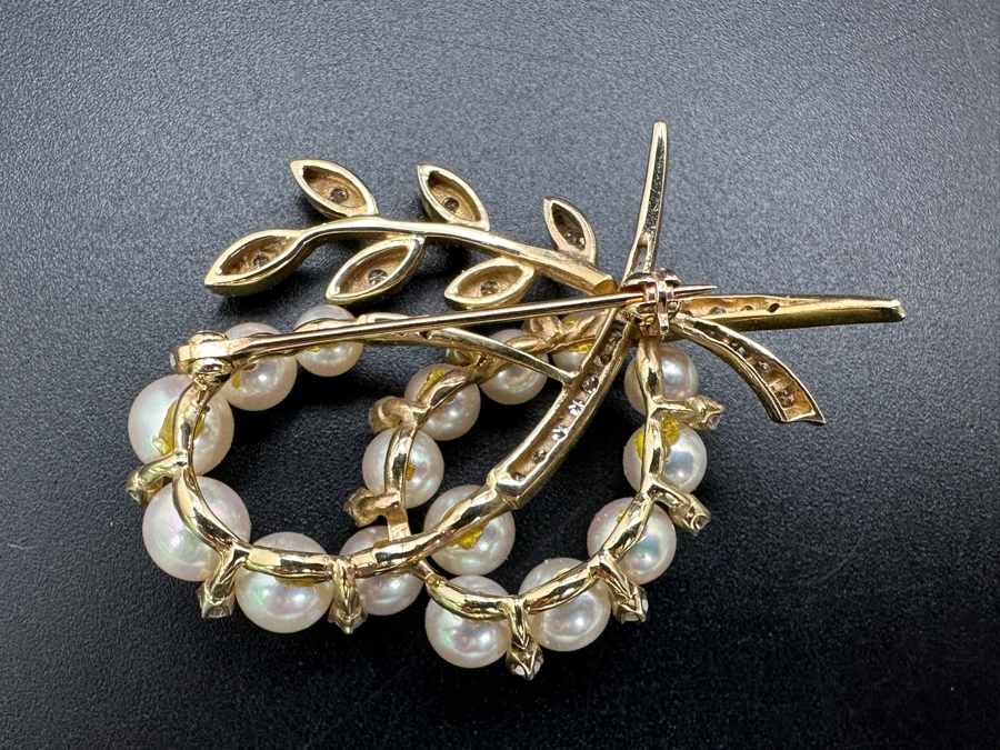 14k Gold Pearl Brooch Pin Set With An Estimated .75cttw Of Single Cut Diamonds 9.3g Retails $2,800 [Photo 11]
