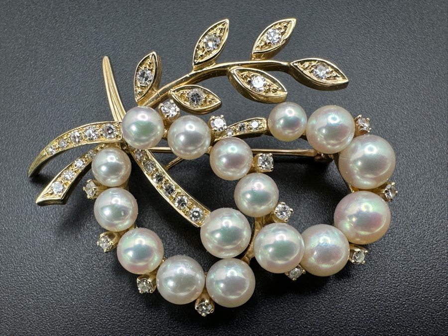 14k Gold Pearl Brooch Pin Set With An Estimated .75cttw Of Single Cut Diamonds 9.3g Retails $2,800 [Photo 10]