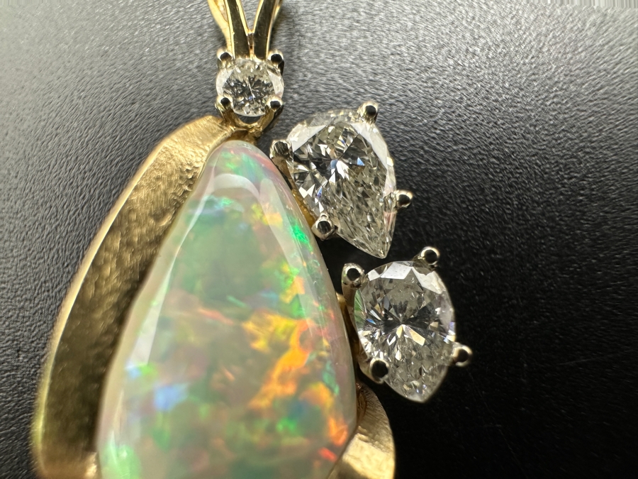 Stunning 14k Gold Pendant Set With Pear Shape Cabochon Opal 15 X 8.5mm, 5.5 X 3.2mm Pear Shape Diamond (apx. .25ct), 4.8 X 3.2mm Pear Shape Diamond (apx. .2ct) And 2.25mm Round Diamond (apx. .05ct) 2.1g Retails $3,000 [Photo 5]