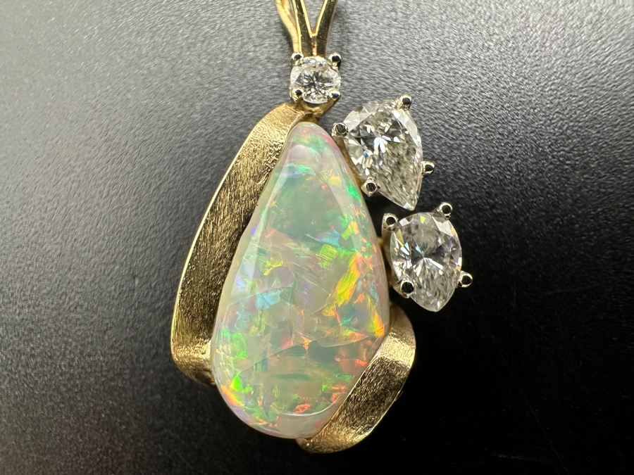 Stunning 14k Gold Pendant Set With Pear Shape Cabochon Opal 15 X 8.5mm, 5.5 X 3.2mm Pear Shape Diamond (apx. .25ct), 4.8 X 3.2mm Pear Shape Diamond (apx. .2ct) And 2.25mm Round Diamond (apx. .05ct) 2.1g Retails $3,000 [Photo 3]