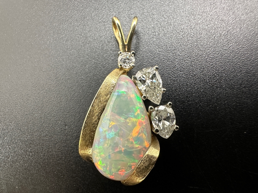 Stunning 14k Gold Pendant Set With Pear Shape Cabochon Opal 15 X 8.5mm, 5.5 X 3.2mm Pear Shape Diamond (apx. .25ct), 4.8 X 3.2mm Pear Shape Diamond (apx. .2ct) And 2.25mm Round Diamond (apx. .05ct) 2.1g Retails $3,000 [Photo 2]
