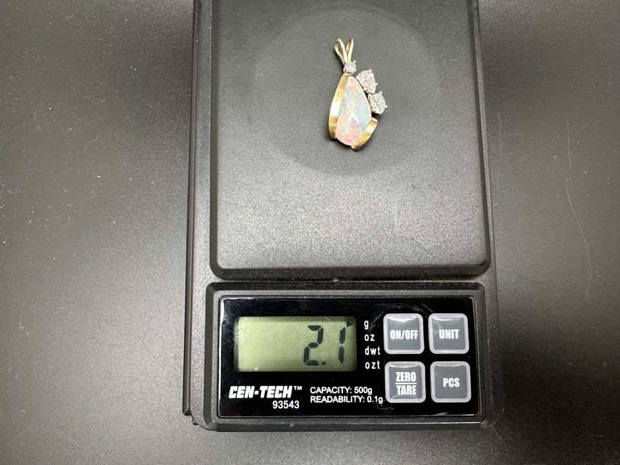 Stunning 14k Gold Pendant Set With Pear Shape Cabochon Opal 15 X 8.5mm, 5.5 X 3.2mm Pear Shape Diamond (apx. .25ct), 4.8 X 3.2mm Pear Shape Diamond (apx. .2ct) And 2.25mm Round Diamond (apx. .05ct) 2.1g Retails $3,000 [Photo 9]