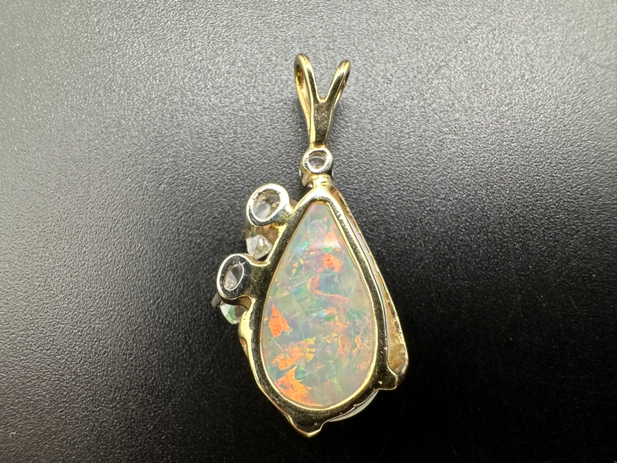 Stunning 14k Gold Pendant Set With Pear Shape Cabochon Opal 15 X 8.5mm, 5.5 X 3.2mm Pear Shape Diamond (apx. .25ct), 4.8 X 3.2mm Pear Shape Diamond (apx. .2ct) And 2.25mm Round Diamond (apx. .05ct) 2.1g Retails $3,000 [Photo 8]