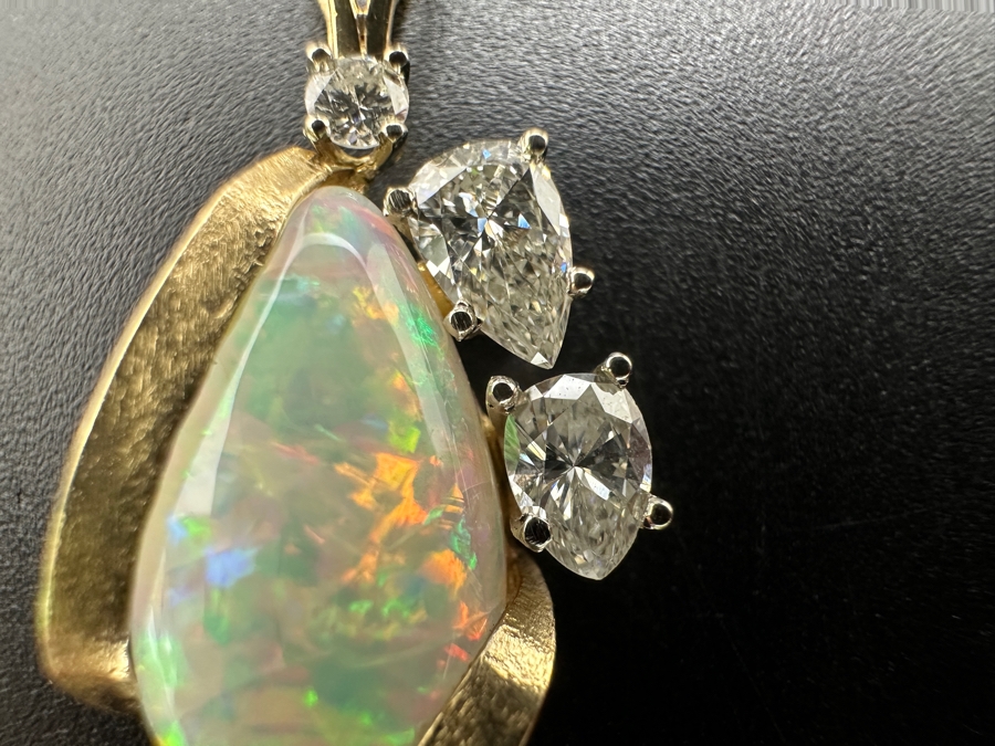 Stunning 14k Gold Pendant Set With Pear Shape Cabochon Opal 15 X 8.5mm, 5.5 X 3.2mm Pear Shape Diamond (apx. .25ct), 4.8 X 3.2mm Pear Shape Diamond (apx. .2ct) And 2.25mm Round Diamond (apx. .05ct) 2.1g Retails $3,000 [Photo 4]