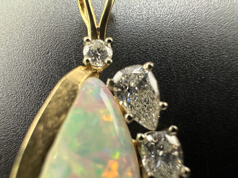 Stunning 14k Gold Pendant Set With Pear Shape Cabochon Opal 15 X 8.5mm, 5.5 X 3.2mm Pear Shape Diamond (apx. .25ct), 4.8 X 3.2mm Pear Shape Diamond (apx. .2ct) And 2.25mm Round Diamond (apx. .05ct) 2.1g Retails $3,000 [Photo 6]
