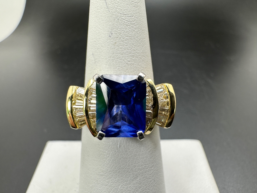14k Gold Imitation Tanzanite Set With 26 2 X 1.5 X 1mm Tapered Baggette Diamonds (est. .65cttw) 8.2g Retails $2,400 [Photo 2]