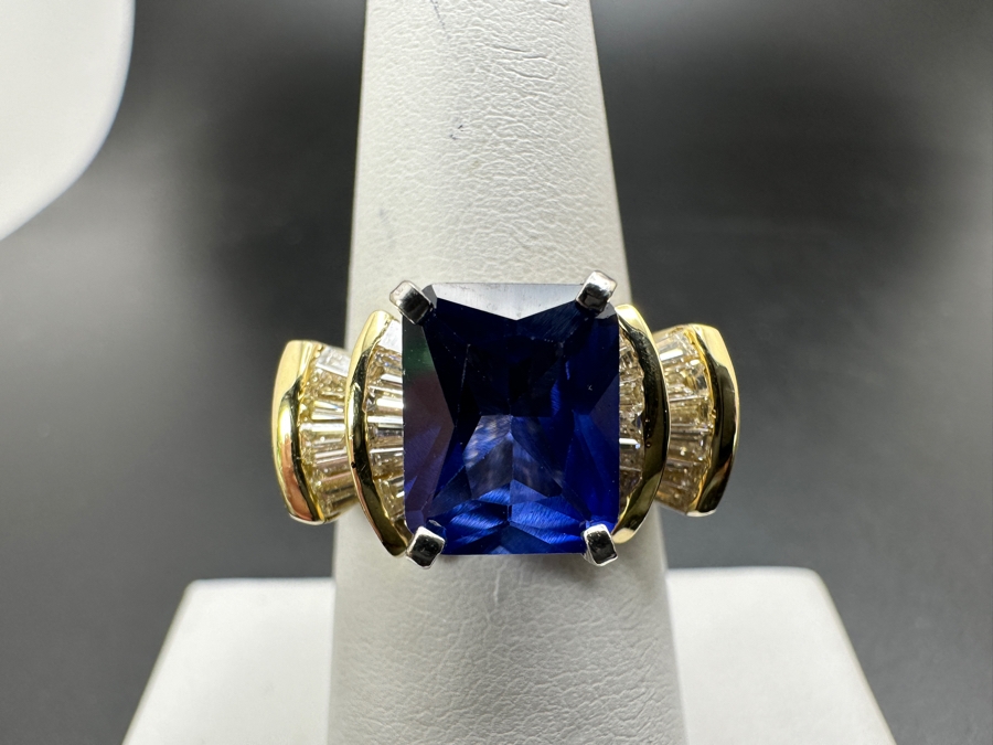 14k Gold Imitation Tanzanite Set With 26 2 X 1.5 X 1mm Tapered Baggette Diamonds (est. .65cttw) 8.2g Retails $2,400 [Photo 4]