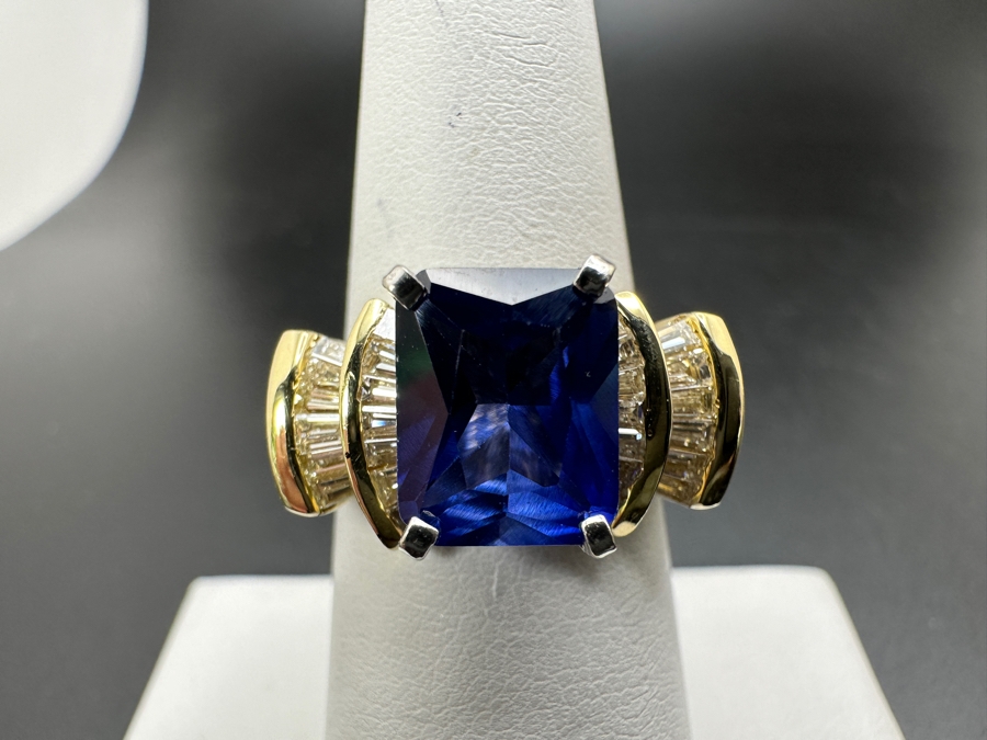 14k Gold Imitation Tanzanite Set With 26 2 X 1.5 X 1mm Tapered Baggette Diamonds (est. .65cttw) 8.2g Retails $2,400 [Photo 5]