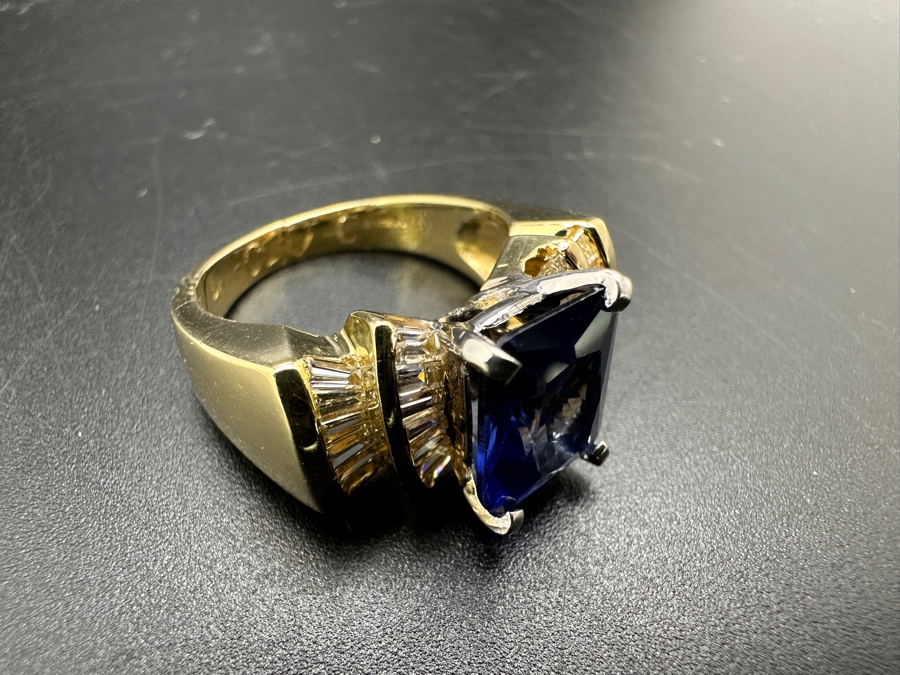 14k Gold Imitation Tanzanite Set With 26 2 X 1.5 X 1mm Tapered Baggette Diamonds (est. .65cttw) 8.2g Retails $2,400 [Photo 11]