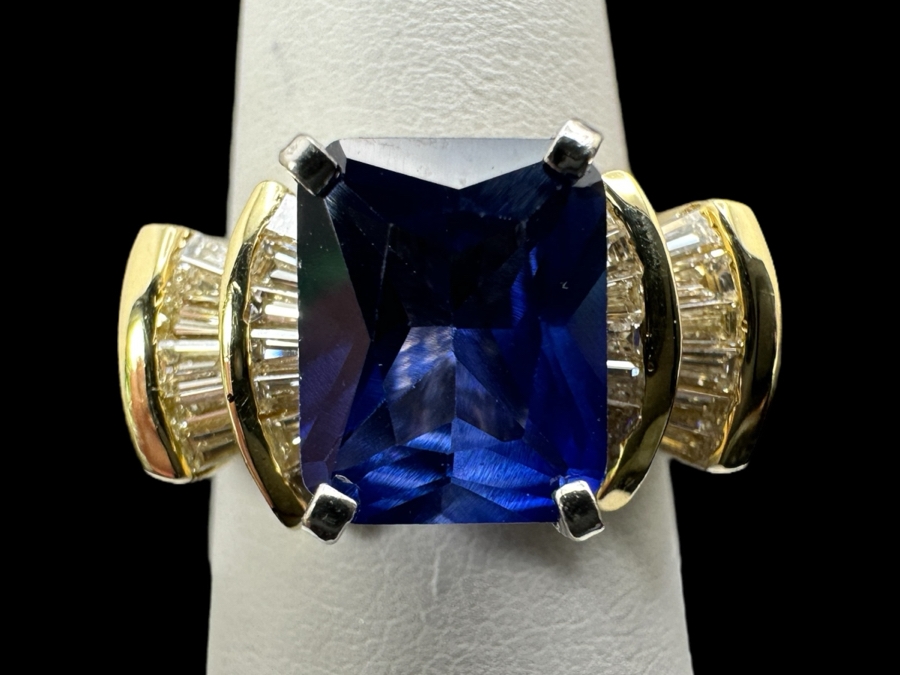 14k Gold Imitation Tanzanite Set With 26 2 X 1.5 X 1mm Tapered Baggette Diamonds (est. .65cttw) 8.2g Retails $2,400 [Photo 1]