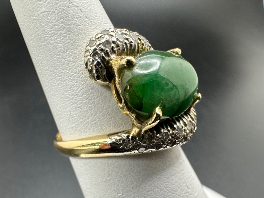 14k Gold Jade Single Cut Diamond Ring Size 5 5.3g Retails $2,000 [Photo 3]